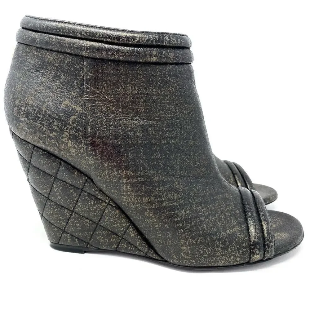 Chanel CC Logo Gold Black Leather Peep Toe Wedge Booties Size 38.5 w box